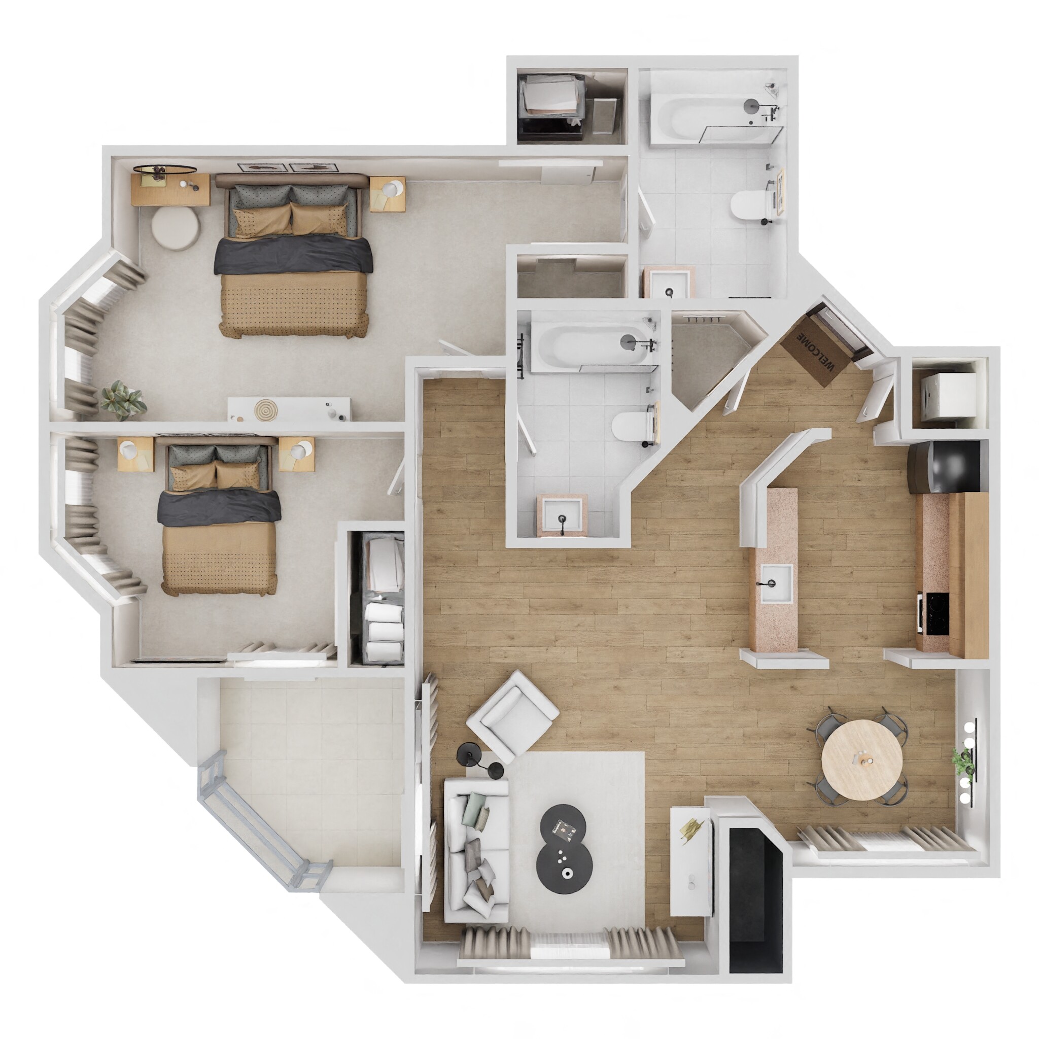 Floor plan for 2 beds, 2 baths, 956 sqft
